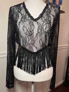 Black Sheer Lace Fringe Long Sleeve Festival Boho Top Size M